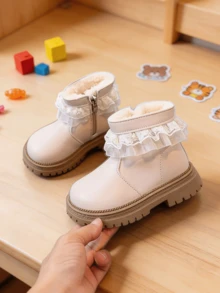 Children's Round Toe Sweet Lace Ruffle Thick Sole Snow Boots - Beige - View 1