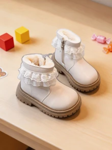 Children's Round Toe Sweet Lace Ruffle Thick Sole Snow Boots - Beige - View 3