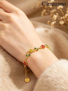 Camhanno 1 Stück Mori-Stil Ast & Vierblatt-Kleeblatt Armband, gefertigt aus Edelstahl mit 18K Goldbeschichtung, wasserdicht, schweißresistent, langanhaltender Glanz, nicht verblassend, hautfreundlich & hypoallergen, verziert mit funkelnden Strasssteinen für eine atmosphärische Ausstrahlung, perfekt für den täglichen Gebrauch und als Feiertagsgeschenk - goldene 6 - Übersicht 2