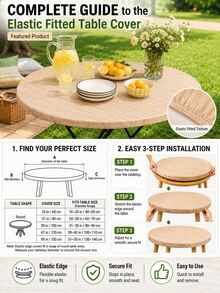 1pc-Natural Wood Grain Round Elastic Fitted Table Cover, Simple Farmhouse Stretch Polyester Tablecloth With Elastic Edge, Washable Snug Fit Table Cover For Outdoor Dining, Picnic, Camping, Garden Patio Decor - Multicolor - View 2