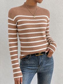 Women's Burgundy And White Striped Knit Sweater, Mid-High Neck, Elegant Office Style, Suitable For Office Occasions, Pairing With Coats, Everyday Wear, Dates - 摩卡棕 - 查看 1