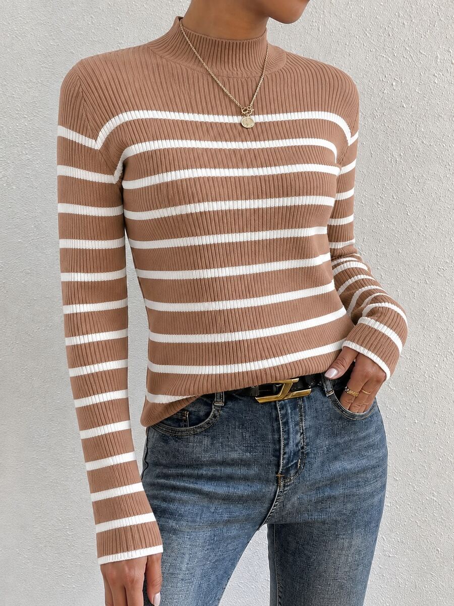 Women's Burgundy And White Striped Knit Sweater, Mid-High Neck, Elegant Office Style, Suitable For Office Occasions, Pairing With Coats, Everyday Wear, Dates - 摩卡棕 - 查看 1