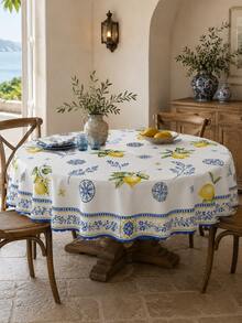 Mediterranean Lemon Waterproof Rectangular Blue & White Tile Pattern Tablecloth, Water-Repellent Stain-Resistant Washable Polyester Material, Suitable For Outdoor Garden Dining, Summer Picnic Party, Kitchen, Country Farmhouse Style Holiday Coffee Dinner Table Decor - Multicolor - View 6