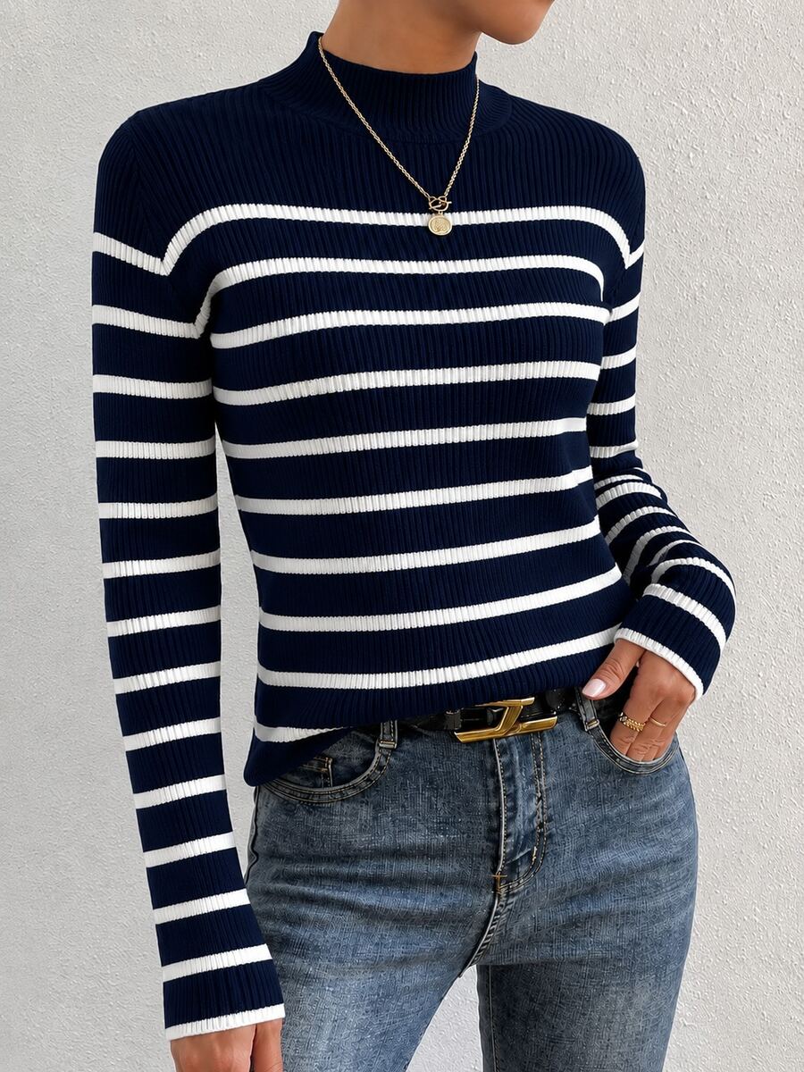 Women's Burgundy And White Striped Knit Sweater, Mid-High Neck, Elegant Office Style, Suitable For Office Occasions, Pairing With Coats, Everyday Wear, Dates - 寶藍色 - 查看 1