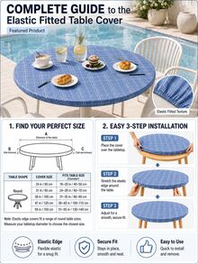1pc-Blue Plaid Round Elastic Fitted Table Cover, Classic Checkered Stretch Polyester Tablecloth With Elastic Edge, Washable Snug Fit Table Cover For Patio Poolside Dining, Kitchen, Picnic, Indoor Outdoor Use - Multicolor - View 2