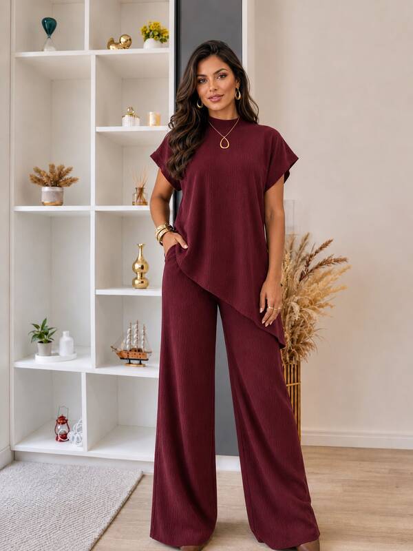 Conjunto Feminino Elegante Blusa Assimetrica e Calça Confortavel em Anarruga