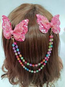 1 pieza Pasador de pelo de niña con elegante cadena de perlas y mariposa, de color brillante - Rojo - Ver 7