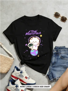 Women's Summer Casual Soft Round Neck Short Sleeve-Shirt,Astronaut Sheep Print Graphic Is Suitable Daily Wear. - White - View 4