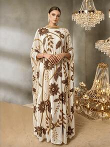 Elegant Arabic Kaftan Dress, Stand Collar Cape Sleeves, Decorated With Exquisite Beading And Contrast Color Sequin Floral Embroidery - Apricot - View 2