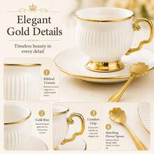 6pcs 90ml White Ceramic Coffee Cup & Saucer Set With Gold Trim, 6 Cups + 6 Saucers With Gold Metal Rack, Elegant Ribbed Espresso Tea Cup Set For Afternoon Tea, Home Kitchen, Party & Gift Use - Multicolor - View 6