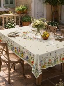 1pc Pastoral Wildflower & Butterfly Print Tablecloth, Off-White Background With Colorful Floral Pattern, Scalloped Wavy Edge, Suitable For Kitchen, Dining Room, Outdoor Picnic, Spring/Summer Party, Home Decor - Multicolor - View 5
