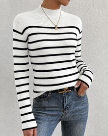 Women's Burgundy And White Striped Knit Sweater, Mid-High Neck, Elegant Office Style, Suitable For Office Occasions, Pairing With Coats, Everyday Wear, Dates - 白色 - 查看 1