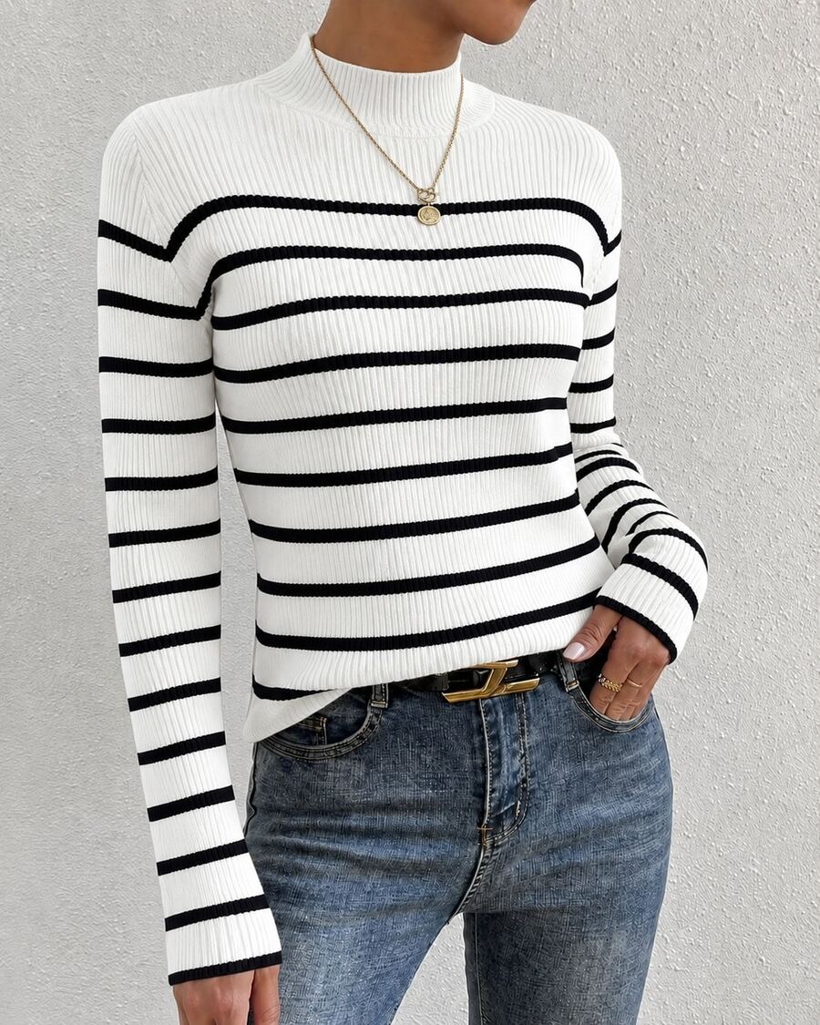 Women's Burgundy And White Striped Knit Sweater, Mid-High Neck, Elegant Office Style, Suitable For Office Occasions, Pairing With Coats, Everyday Wear, Dates - 白色 - 查看 1