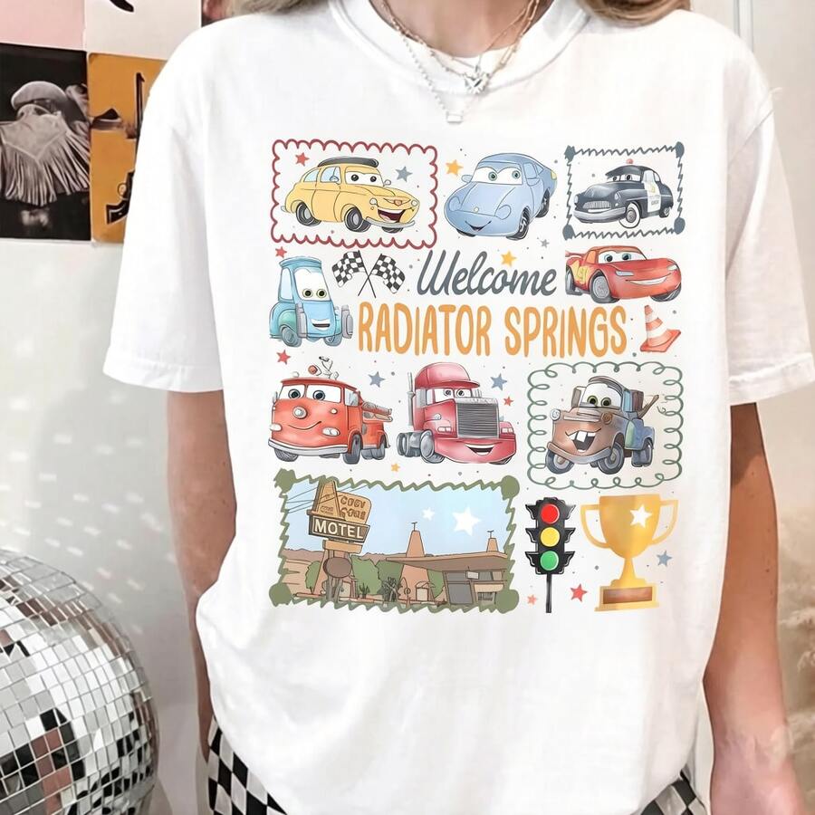Loose Fit Unisex Pure Cotton T-Shirt, Disney Cars Tee Featuring Lightning McQueen Mater And Friends With "Welcome Radiator Springs" Quote Casual Daily - White - View 1