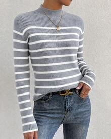 Women's Burgundy And White Striped Knit Sweater, Mid-High Neck, Elegant Office Style, Suitable For Office Occasions, Pairing With Coats, Everyday Wear, Dates - 灰色 - 查看 1