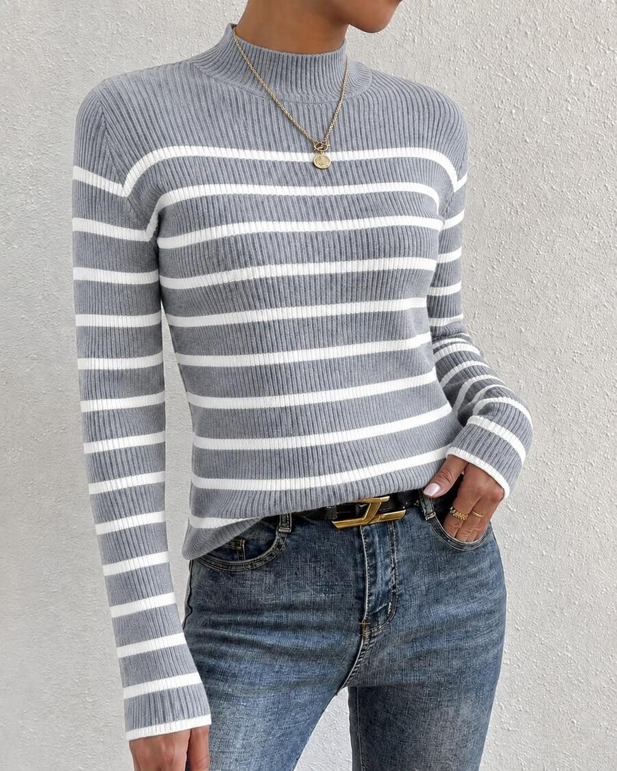 Women's Burgundy And White Striped Knit Sweater, Mid-High Neck, Elegant Office Style, Suitable For Office Occasions, Pairing With Coats, Everyday Wear, Dates - 灰色 - 查看 1