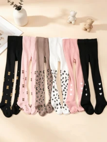 6 pares de mallas de punto casuales para niños, leggings de pie completo con estampado dulce de dibujos animados & animales, cintura elástica alta, amigable con la piel & cómodo, versátil para uso diario / escuela / fiesta - Multicolor - Ver 11