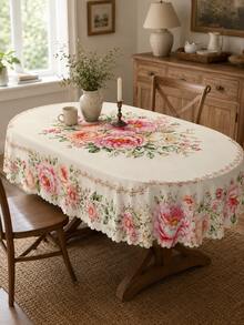 1pc Summer Pink Rose & Peony Floral Print Polyester Wavy Edge Rectangular Tablecloth, Home Daily Use Room Decor Wedding Arrangement Patio Afternoon Tea Table Cloth - Multicolor - View 2
