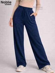 Women's Comfortable Wide Leg Wool Pants, Loose Fit, High Waist, Casual, For Everyday Wear. - Navy Blue - View 1