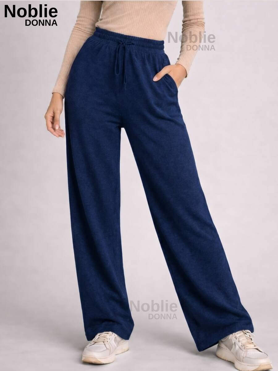 Women's Comfortable Wide Leg Wool Pants, Loose Fit, High Waist, Casual, For Everyday Wear. - Navy Blue - View 1