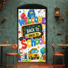2D Flag, Welcome Back To School Theme Banner Background, Featuring School Bus, Blackboard, Schoolbag, Books And Other Campus Elements. Made Of Polyester Material, No Power Supply Required. (1).Png - View 4