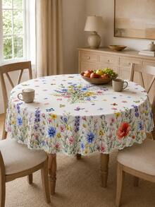 1pc Summer Wildflower & Butterfly Print Tablecloth, Polyester Wavy Edge Dining Tablecloth, Pastoral Style Rectangular/Round Tablecloth, Suitable For Home, Restaurant, Patio, Outdoor Picnic, Party - Multicolor - View 5