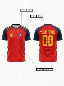 2026 Spanish Style Red Customized Football Jersey, Navy Raglan Sleeves, Vertical Gold Pinstripes, Personalized Name Number Team Logo, Match Football Jersey, Sports Training Jersey, Quick-Dry Material Comfortable Breathable Suitable For Team Matches, Training, Sports, Home Leisure, Game Support, Holiday Gifts, Spring/Summer Season Fashion Forward - Multicolor - View 2