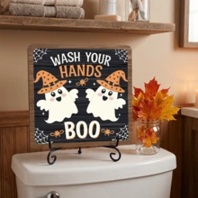 1件鄉村風「Wash Your Hands Boo」木製裝飾牌，附可愛幽靈與蜘蛛網設計，適用浴室、廚房的萬用季節性裝飾，萬聖節裝飾 - 萬聖節擺飾 - 查看 7