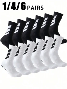 1/4/6 Pairs Men's Anti-Slip Silicone Grip Breathable Striped Mid-Calf Socks, Suitable For Football Training And Long-Distance Scenarios - Black and White - View 8