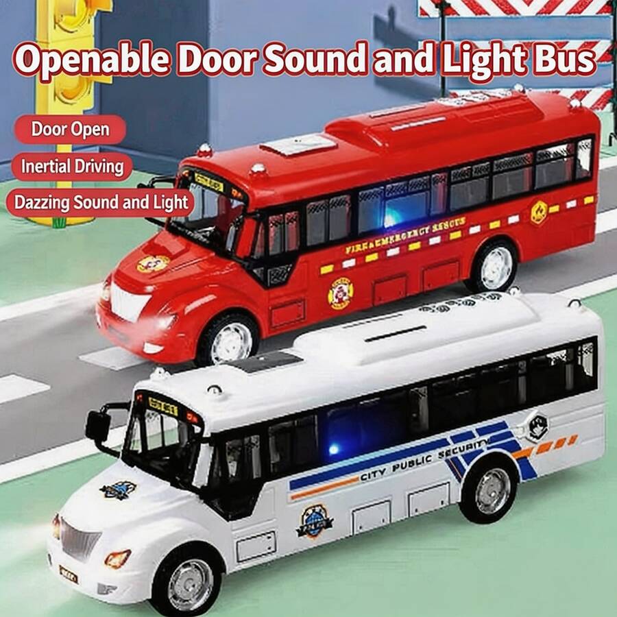1pc Sound & Light Bus Toy: Press To Activate Sound And Light, Inertia Sliding, Durable Material; School Bus/Police Car/Fire Truck, Multiple Models And Colors Available; Rubber Tires; Essential For Desktop Display; Children's Toy Gift - Multicolor - View 1