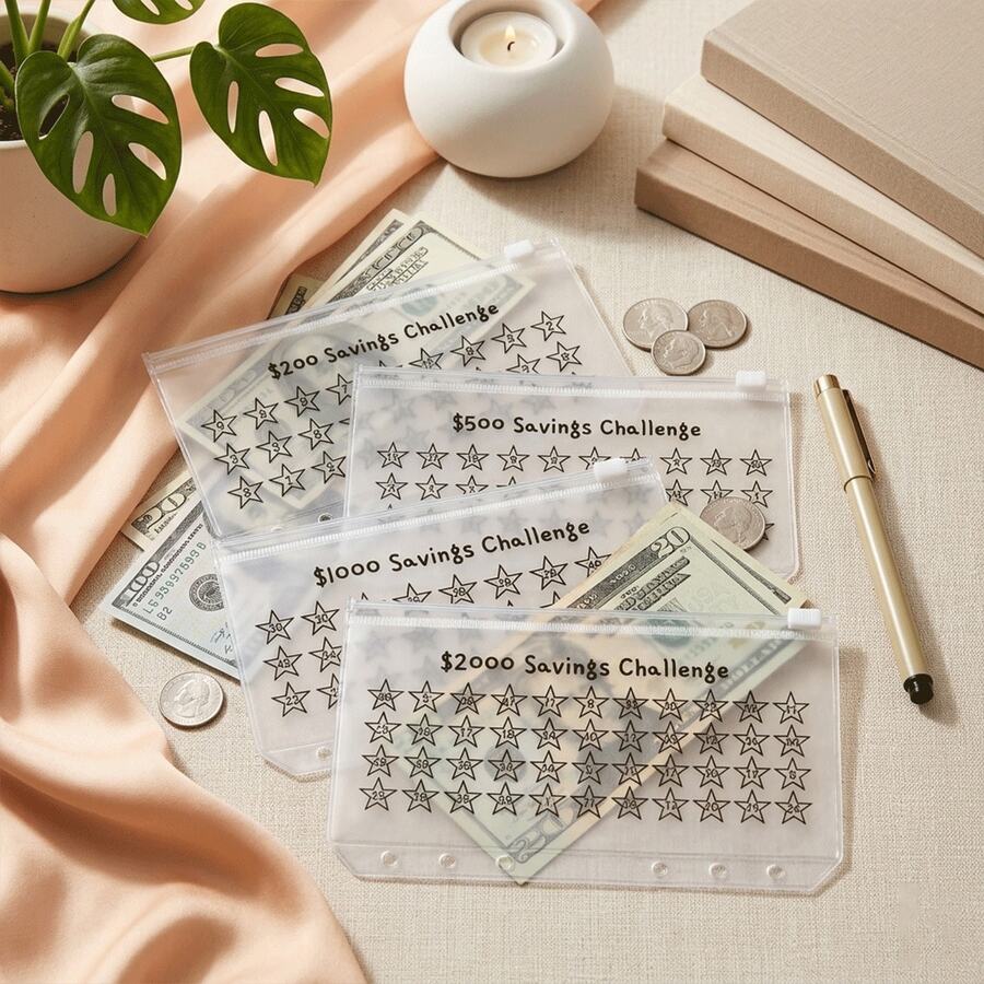 2件星形圖案儲蓄挑戰追蹤本,適用$200、$500、$1000和$2000,簡單有趣的存錢方式,預算規劃拉鍊袋,拉鍊現金信封,A6預算活頁本儲蓄旅程規劃現金,返校季 - 套裝 - 查看 1