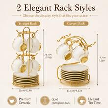 6pcs 90ml White Ceramic Coffee Cup & Saucer Set With Gold Trim, 6 Cups + 6 Saucers With Gold Metal Rack, Elegant Ribbed Espresso Tea Cup Set For Afternoon Tea, Home Kitchen, Party & Gift Use - Multicolor - View 2
