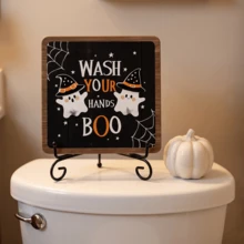 1件鄉村風「Wash Your Hands Boo」木製裝飾牌，附可愛幽靈與蜘蛛網設計，適用浴室、廚房的萬用季節性裝飾，萬聖節裝飾 - 萬聖節擺飾 - 查看 2