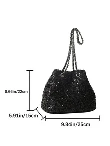 Glossy Chain Decor Tote Bag, Shoulder & Underarm Dual Use, Versatile Party & Date Night Atmosphere Small Bag - Black - View 2