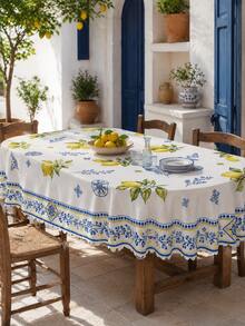 Mediterranean Lemon Waterproof Rectangular Blue & White Tile Pattern Tablecloth, Water-Repellent Stain-Resistant Washable Polyester Material, Suitable For Outdoor Garden Dining, Summer Picnic Party, Kitchen, Country Farmhouse Style Holiday Coffee Dinner Table Decor - Multicolor - View 3