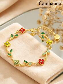 Camhanno 1 Stück Mori-Stil Ast & Vierblatt-Kleeblatt Armband, gefertigt aus Edelstahl mit 18K Goldbeschichtung, wasserdicht, schweißresistent, langanhaltender Glanz, nicht verblassend, hautfreundlich & hypoallergen, verziert mit funkelnden Strasssteinen für eine atmosphärische Ausstrahlung, perfekt für den täglichen Gebrauch und als Feiertagsgeschenk - goldene 6 - Übersicht 4