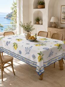 Mediterranean Lemon Waterproof Rectangular Blue & White Tile Pattern Tablecloth, Water-Repellent Stain-Resistant Washable Polyester Material, Suitable For Outdoor Garden Dining, Summer Picnic Party, Kitchen, Country Farmhouse Style Holiday Coffee Dinner Table Decor - Multicolor - View 7