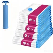 Grup Erik 14件組真空壓縮收納袋附藍色手壓幫浦,5S 3M 3L 3XL,防塵防潮,適用於衣物、床上用品、旅行、搬家、居家收納 - 彩色 - 查看 11