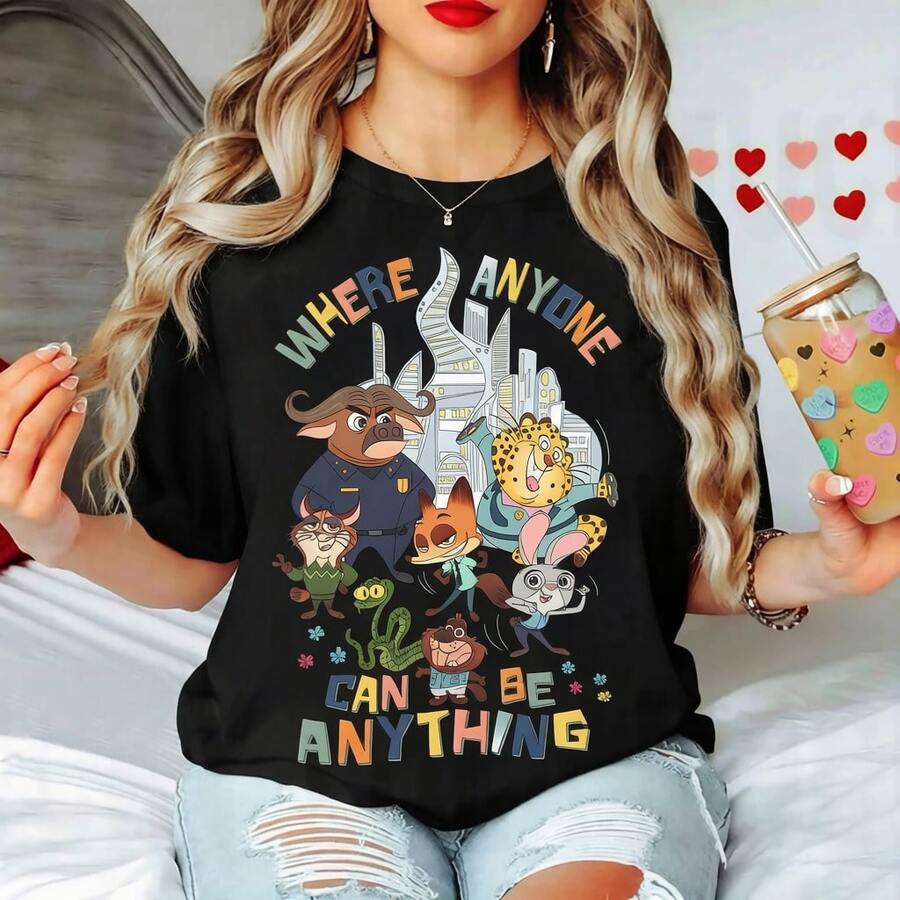 Loose Fit Unisex Pure Cotton T-Shirt, Disney Zootopia Tee Featuring Judy Hopps Nick Wilde And Themed Characters With Inspirational Quote Casual - 黑色 - 查看 1