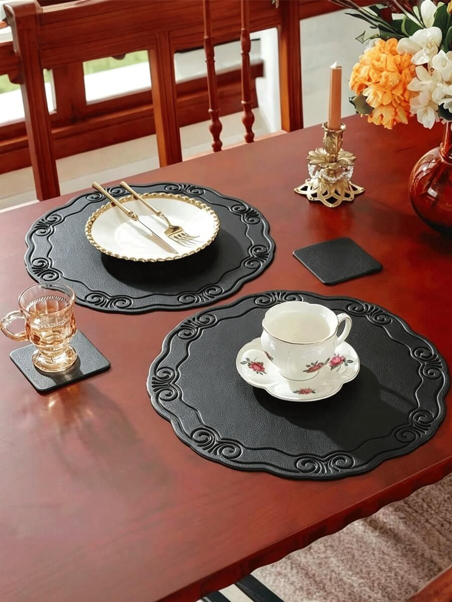4/6 Sets Black Thickened Vintage Lace Faux Leather Placemats, Hotel And Restaurant Decor, Waterproof And Heat Resistant, Suitable For Valentine's Day, Mother's Day, Wedding Party, Christmas, Halloween, Thanksgiving