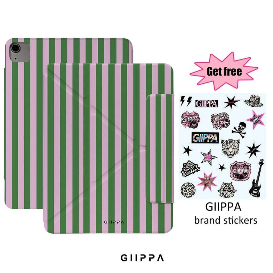 GIIPPA 1個粉綠條紋Y型摺疊磁吸平板保護殼,PU皮革外層搭配硬質壓克力防彎曲背板,無筆槽,多角度支撐,自動休眠/喚醒,辦公與日常使用,相容於 iPad Mini 6/7、Air 2/3/4/5/11/13" (M2/M3 2024-2025)、5/6/7/8/9/10/11代、Pro 10.5/11/12.9" (2017-2025),夏季保護殼 11 A16 保護殼,保護套 - 多色6 - 查看 1