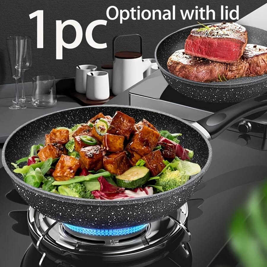 1pc 22/24/26/28cm Frying Pan, Reinforced Non-Stick Coating, Non-Stick Frying Pan, Stir-Fry Pan And Wok, Grill, Chef's Pot, Non-Stick Aluminum Frying Pan, Suitable For Gas And Induction Stoves, Cookware, Kitchen Utensils, Kitchen Supplies, Kitchenware, Scratch-Resistant, Easy To Clean, Perfect For Steak And Vegetables, Tableware, Egg Frying Pan, Chef's Pot, Vegetable Pot - Black - View 1