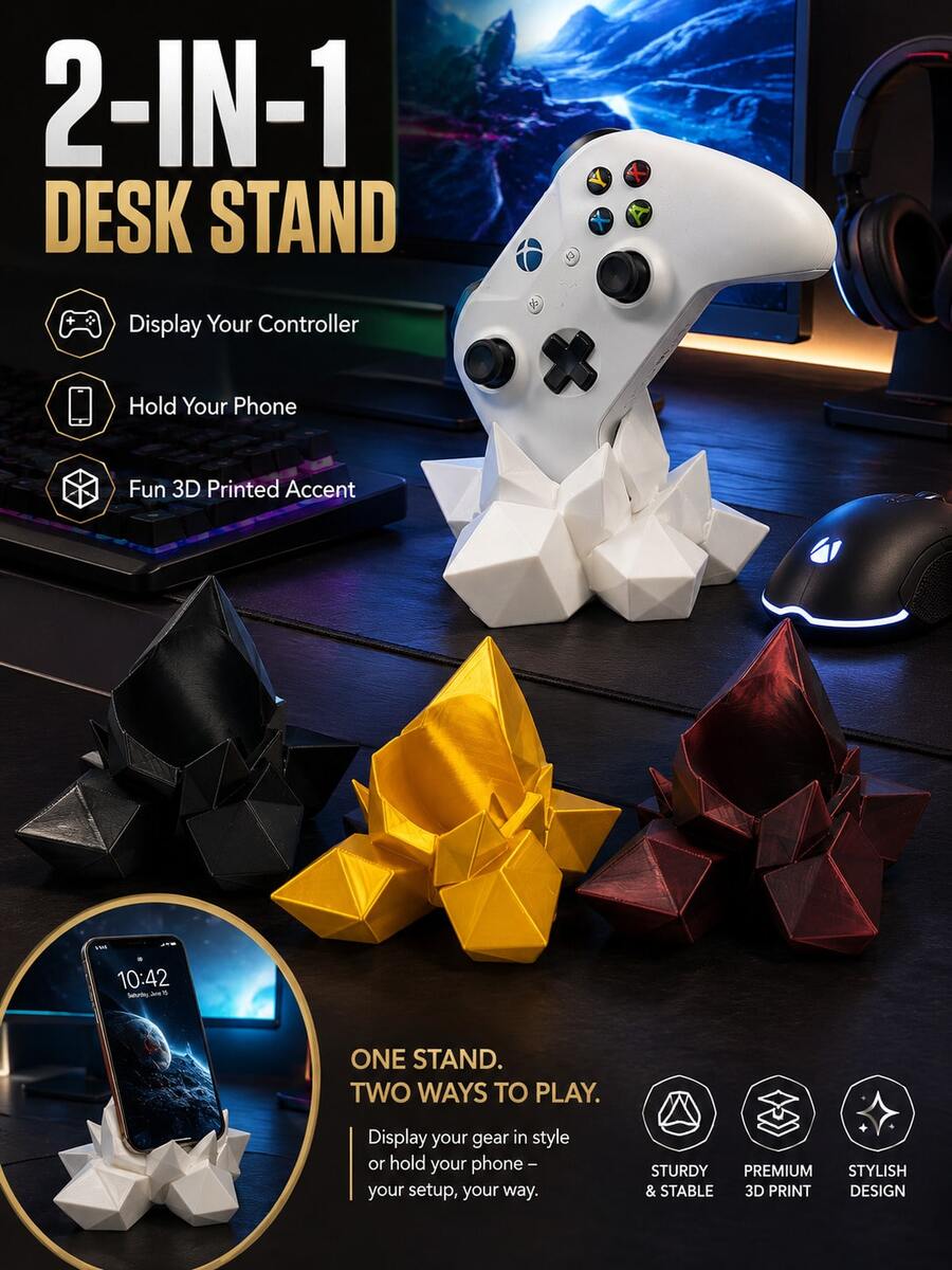 水晶遊戲控制器支架 2合1遊戲手柄與手機桌面支架 通用手柄展示架 晶洞 3D列印遊戲房裝飾桌面收納器 遊戲控制器配件 男士男孩玩家酷炫禮物