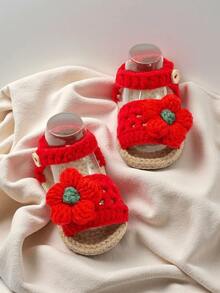 1 Pair Infant Flower Crochet Sandals, Pre-Walker Soft Sole Shoes - Red - View 4