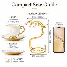 6pcs 90ml White Ceramic Coffee Cup & Saucer Set With Gold Trim, 6 Cups + 6 Saucers With Gold Metal Rack, Elegant Ribbed Espresso Tea Cup Set For Afternoon Tea, Home Kitchen, Party & Gift Use - Multicolor - View 4