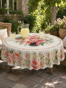 1pc Summer Pink Rose & Peony Floral Print Polyester Wavy Edge Rectangular Tablecloth, Home Daily Use Room Decor Wedding Arrangement Patio Afternoon Tea Table Cloth - Multicolor - View 5