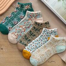 5 pares de calcetines cortos vintage con estampado floral jacquard, calcetines de corte bajo estilo bohemio casual para mujer - Multicolor - Ver 8