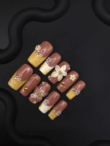 Handmade Caramel Yellow Tone Press On Nails, Stereo Cream Flower Gilded Line Pearl, Medium Square Gentle False Nails For Daily Wear - Multicolor - View 9
