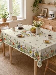 1pc Pastoral Wildflower & Butterfly Print Tablecloth, Off-White Background With Colorful Floral Pattern, Scalloped Wavy Edge, Suitable For Kitchen, Dining Room, Outdoor Picnic, Spring/Summer Party, Home Decor - Multicolor - View 3