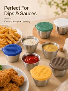 6pcs Mini Stainless Steel Sauce Cups With Colorful Silicone Lids, Reusable Condiment Dishes For Ketchup, Dressing, And Dips, Perfect For Kitchen, Lunch, Picnic, Party Gifts, Random Color - View 3